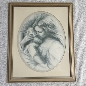 "A Mother And Child" by Marilyn Zapp Vintage Sketch Print 2-Tone Frame 22.5x18.5